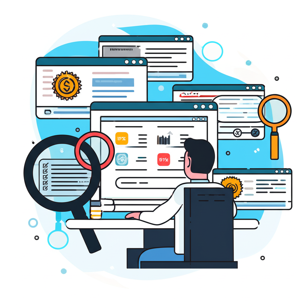 Illustration of a trader comparing platforms with checklists, magnifying glasses, and regulatory symbols for US investors