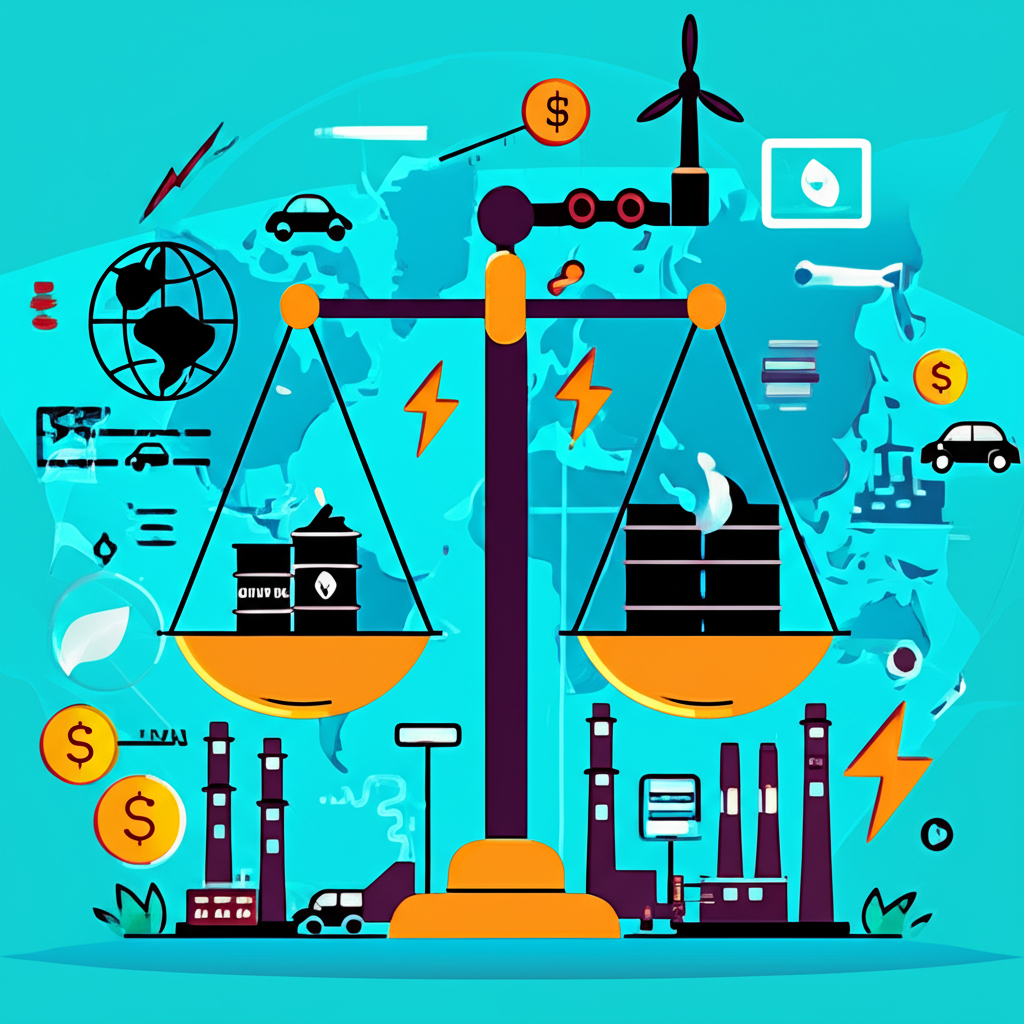 Illustration of energy trading as a dynamic marketplace balancing supply, demand, and price with economic and geopolitical elements