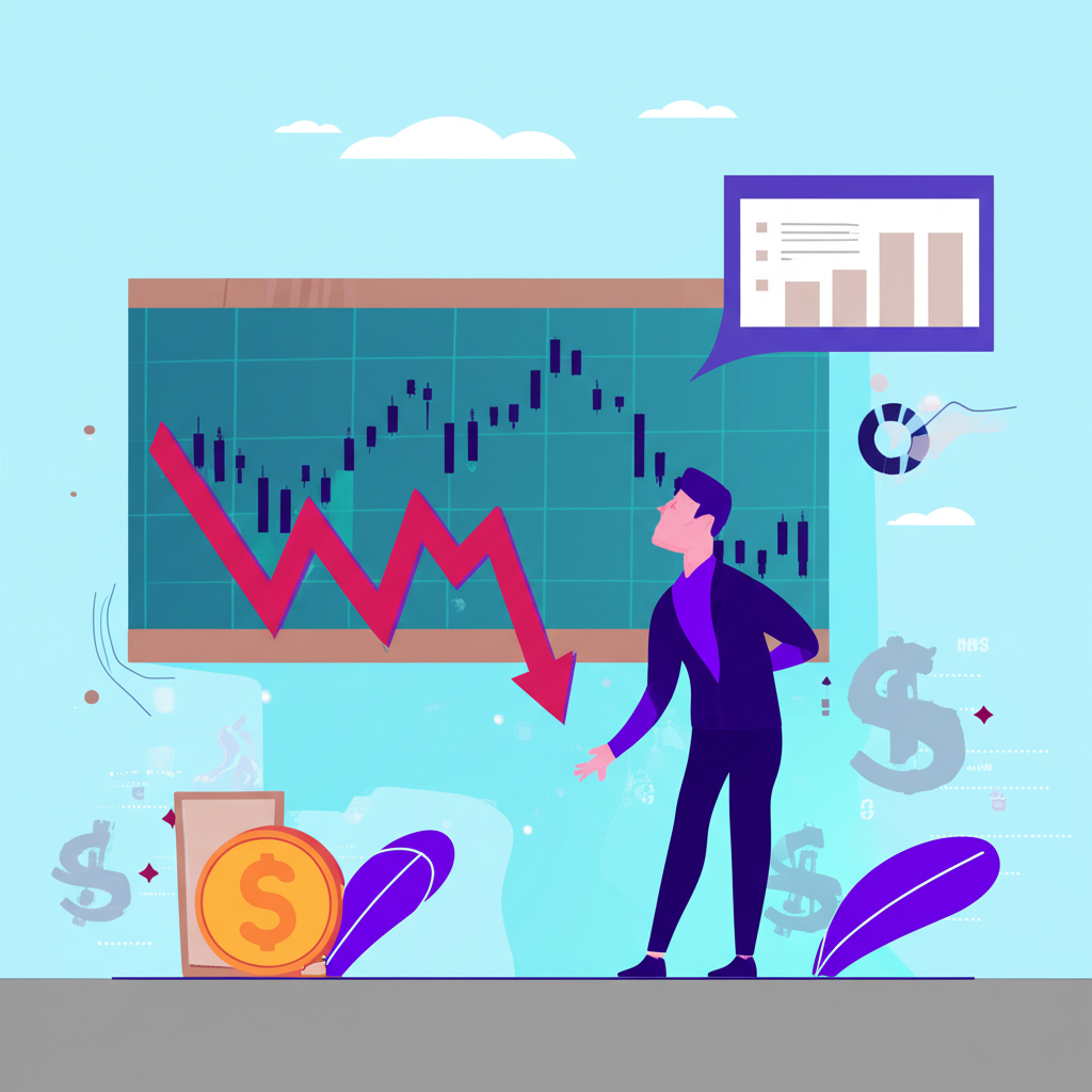 Illustration of a trader looking at a downward trending currency graph, with arrows indicating selling high and buying low, symbolizing betting against a currency's strength. Financial market elements in the background, illustration style.