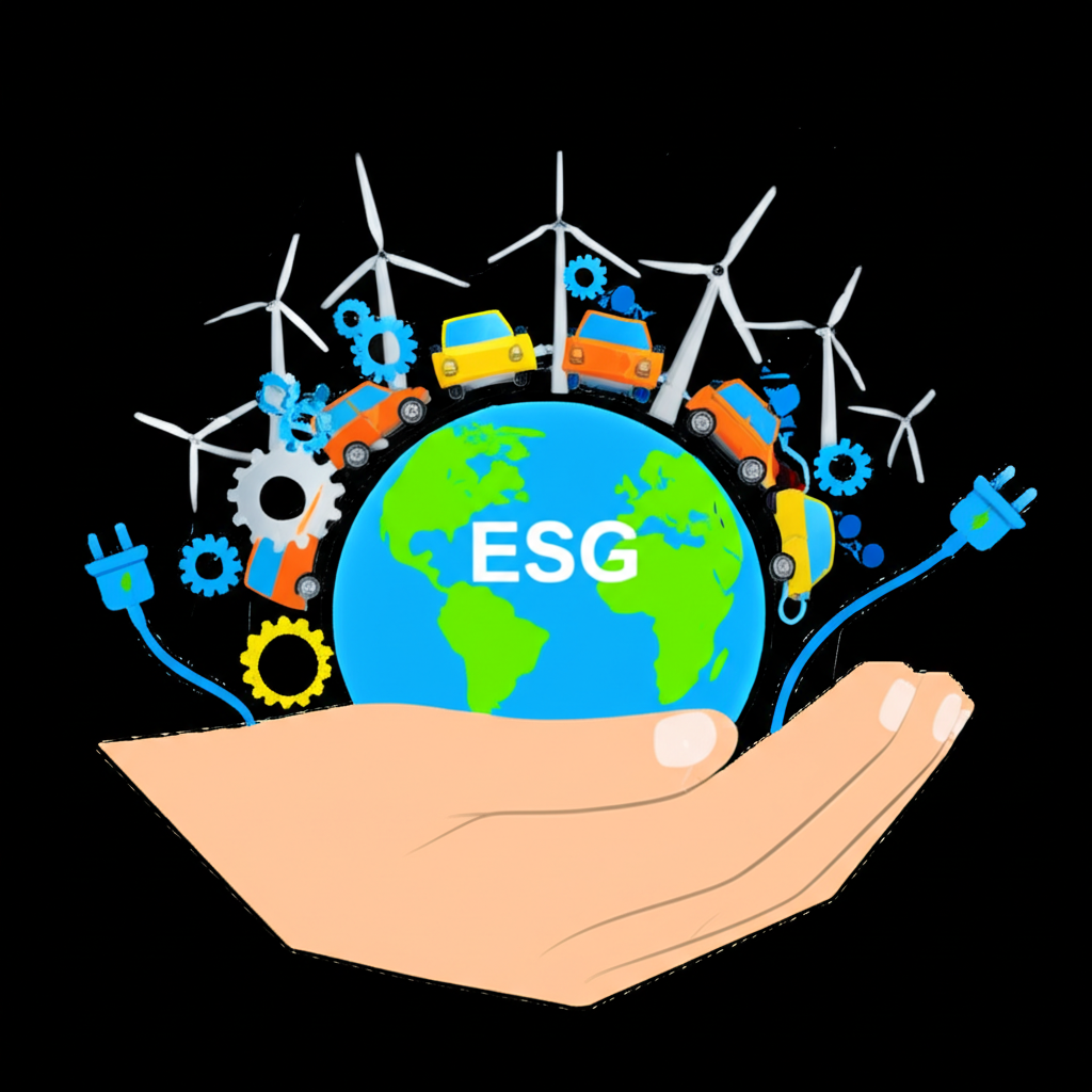 Earth embraced by hands with electric cars, wind turbines, and ESG gears