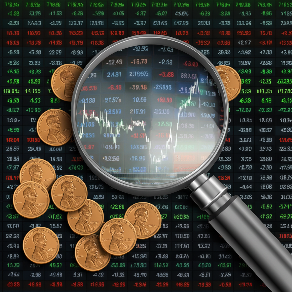 Illustration of tiny coins (penny stocks) scattered on an OTC market board, with a magnifying glass showing limited information and a graph with erratic, volatile price movements, emphasizing low market cap and OTC trading.