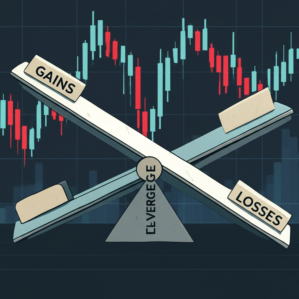 Illustration of a stylized seesaw with 'Gains' on one end soaring high and 'Losses' on the other dipping low, both magnified by a central 'Leverage' fulcrum, against a dynamic forex chart background