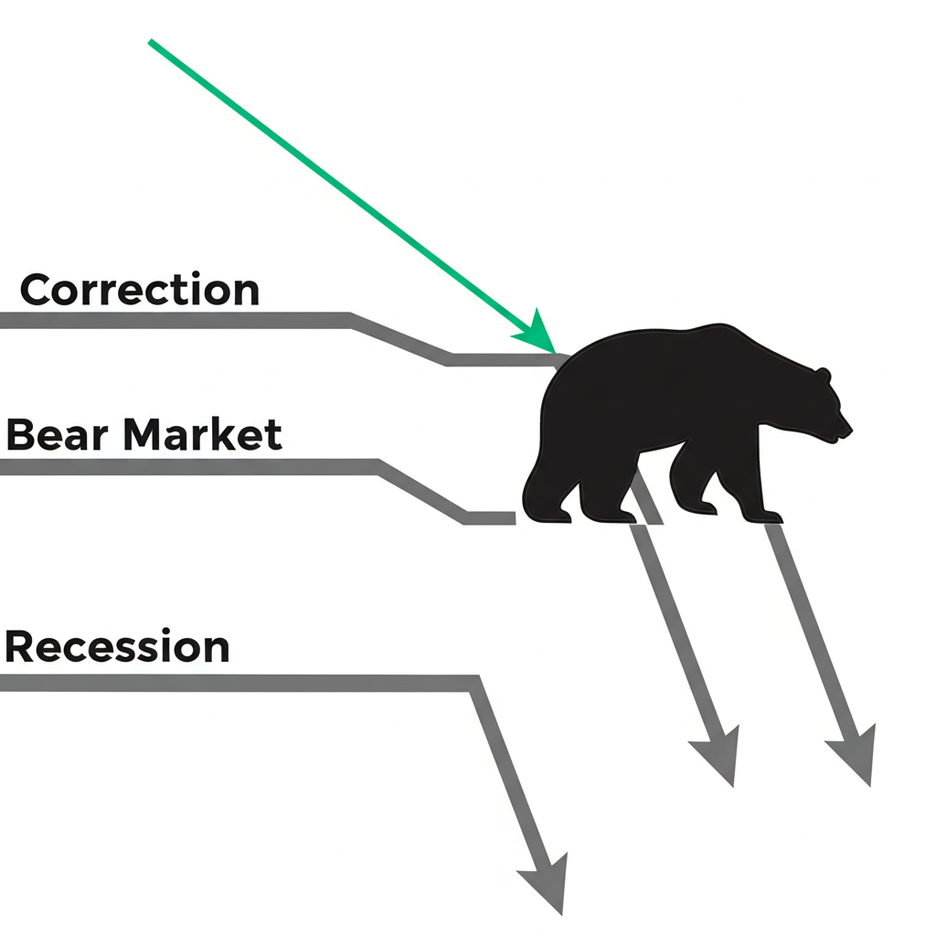 Illustration of market correction, bear market, and recession with visual distinctions