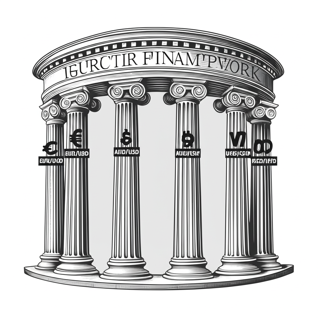 Seven strong pillars labeled with major currency pairs supporting a global financial framework, symbolizing market stability