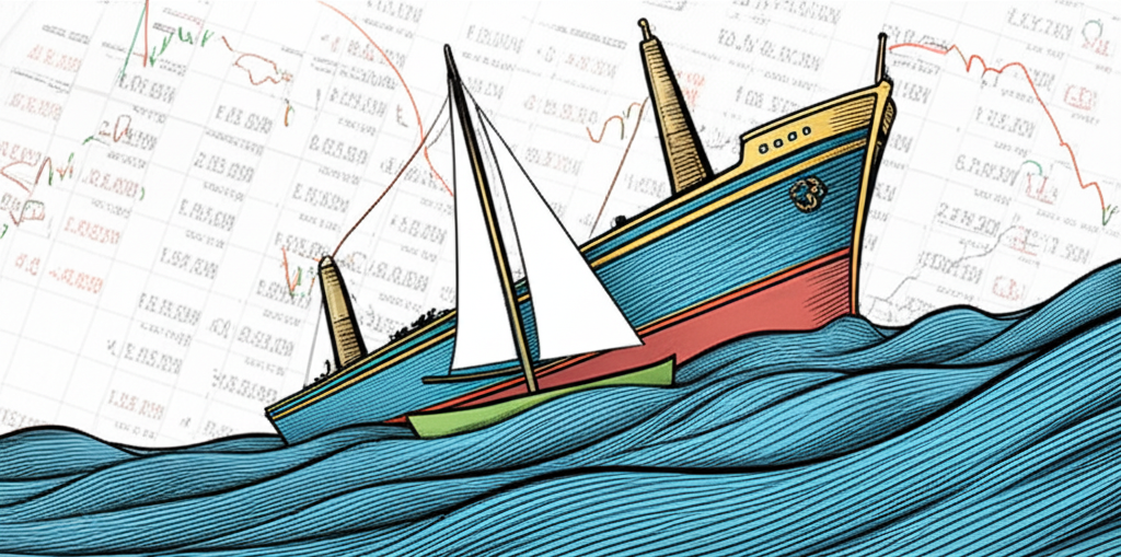 Illustration of a small, nimble boat navigating through a vast, turbulent ocean of financial data, with a giant, unwieldy ship struggling in the background, symbolizing the Medallion Fund limiting AUM to preserve alpha and agility