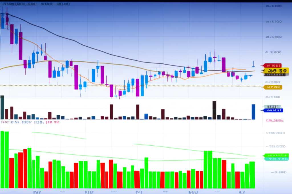 Illustration of a computer screen displaying various technical indicators like moving average lines crossing, ATR lines, and MACD bars, symbolizing data analysis and informed trading decisions, in an illustration style