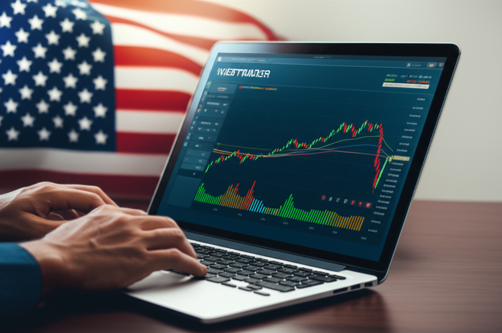 Illustration of a trader using WebTrader on a laptop, US flag in background