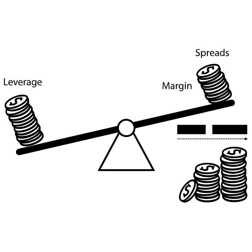 Illustration of a seesaw with 'Leverage' amplifying both gains and losses, alongside stacks of coins labeled 'Margin' and a narrow gap between two price lines for 'Spreads', financial mechanics