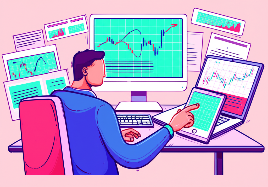 Illustration of a trader at a desk surrounded by financial charts and digital tools, making informed CFD trading decisions with focus on risk management