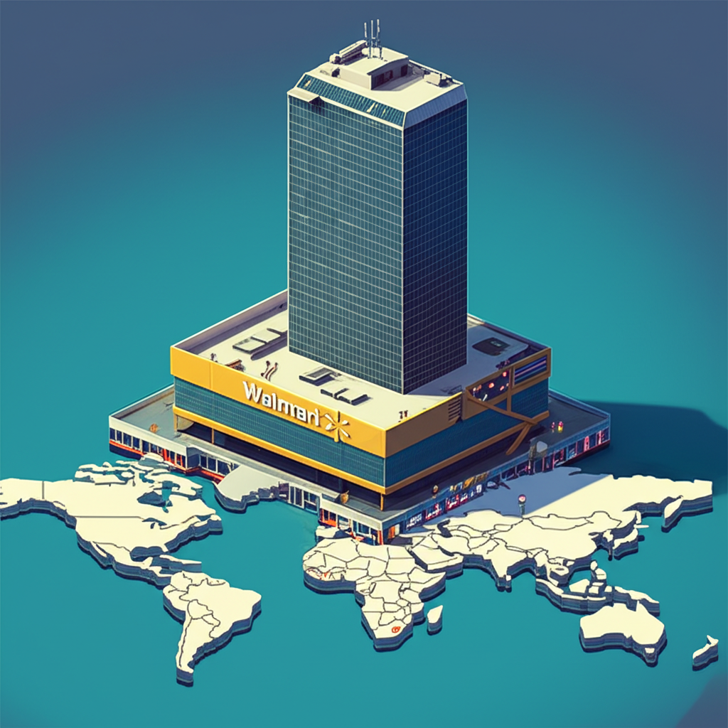 An illustration of a colossal Walmart store towering over a world map, with national flags looking tiny in comparison, symbolizing its unparalleled economic scale