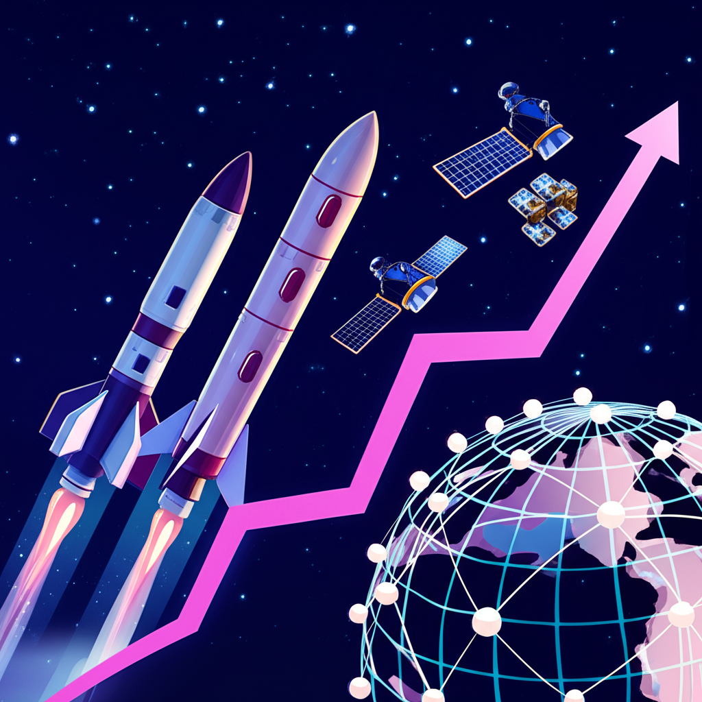 Illustration of rising space industry growth with a chart reaching toward stars, reusable rockets, small satellites, and global market icons