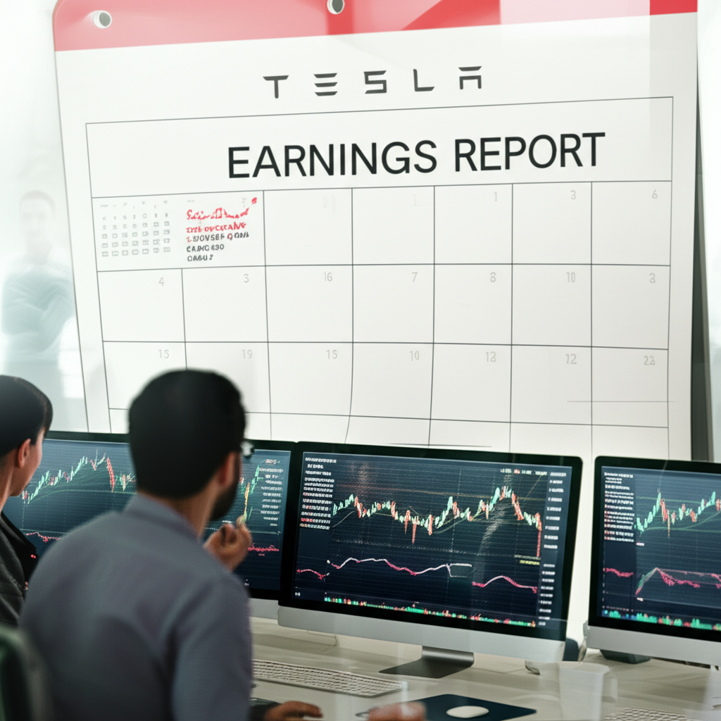 Calendar illustration highlighting Tesla's upcoming earnings dates with investors monitoring live stock charts, symbolizing anticipation and market movement