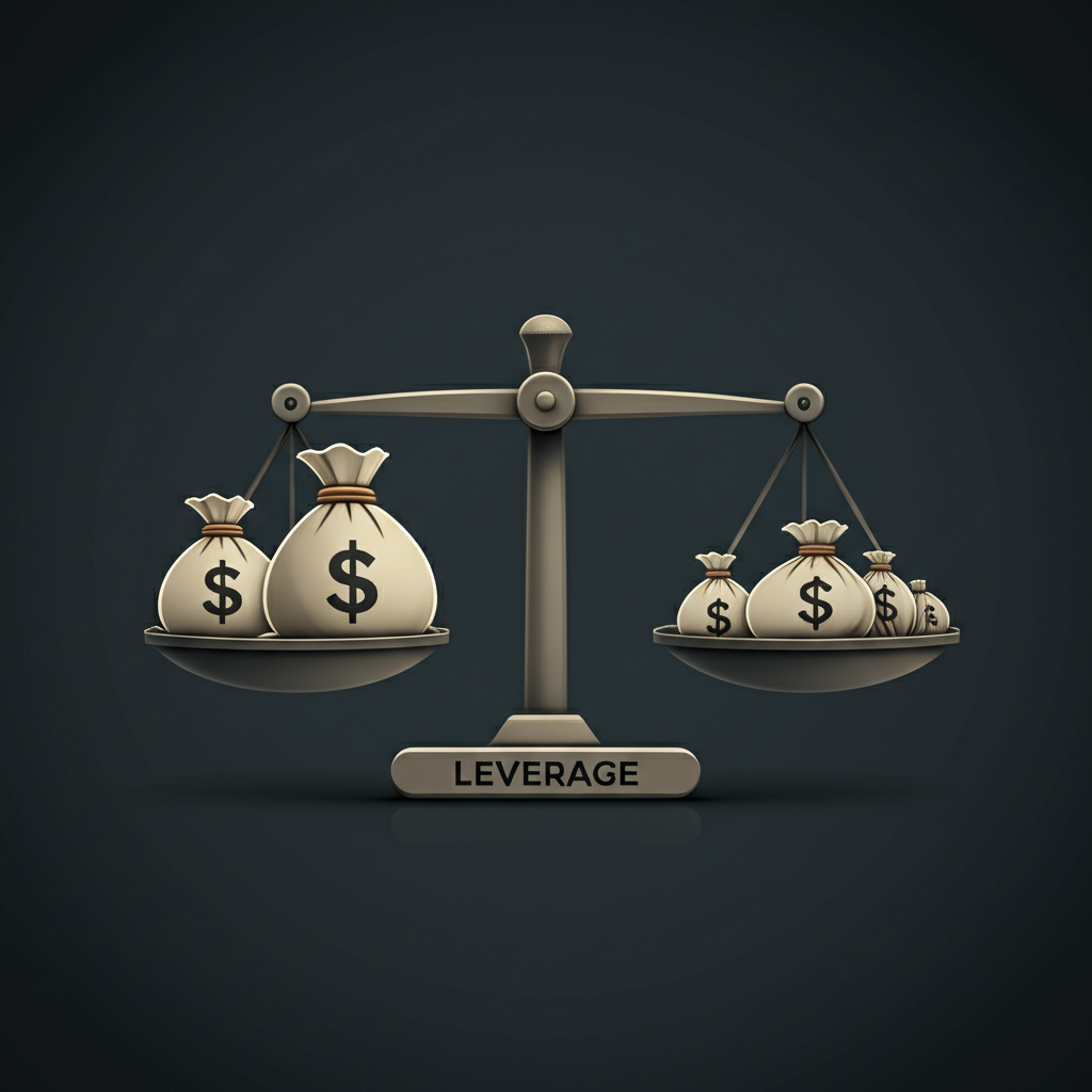 Illustration of scales balancing magnified profits and magnified losses, with leverage as the fulcrum