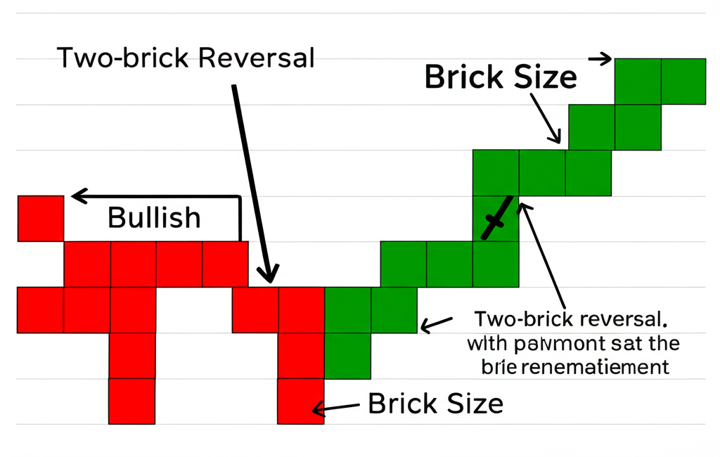 Illustration of Renko chart mechanics, showing bullish and bearish bricks forming diagonally with a two-brick reversal rule