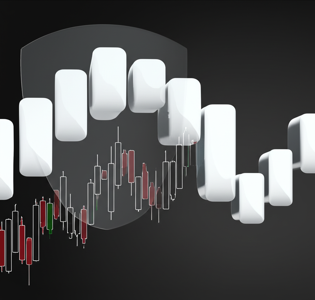Smooth Heikin Ashi candles forming a continuous chain with jagged traditional candles filtered out by a transparent shield