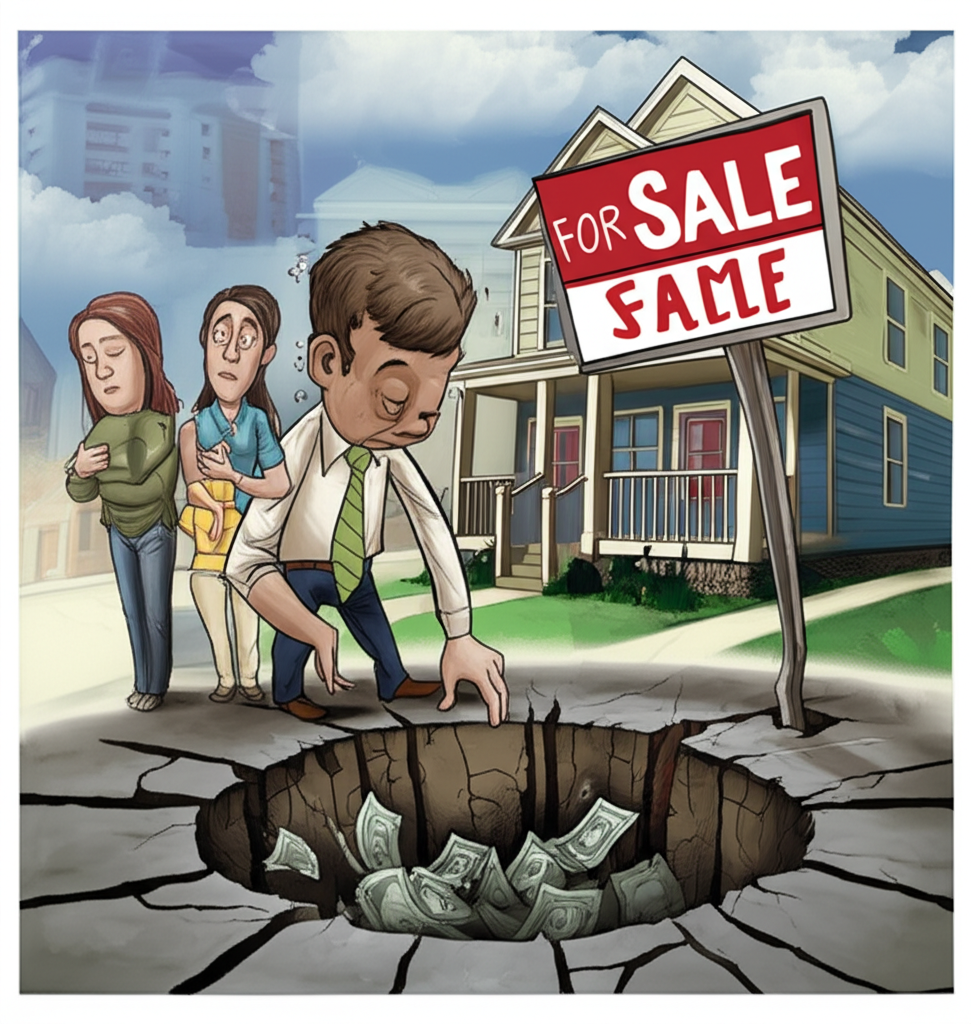 Illustration of a struggling small business owner looking at a drying well of money, beside a family unable to get a mortgage, with a backdrop of a city experiencing economic stagnation, in a detailed illustration style