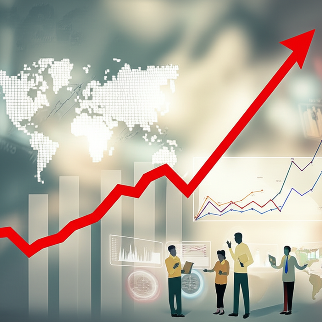 An illustration depicting various economic indicators like rising inflation, interest rate graphs, geopolitical maps, and expert analysts discussing forecasts, set against a backdrop of market uncertainty.