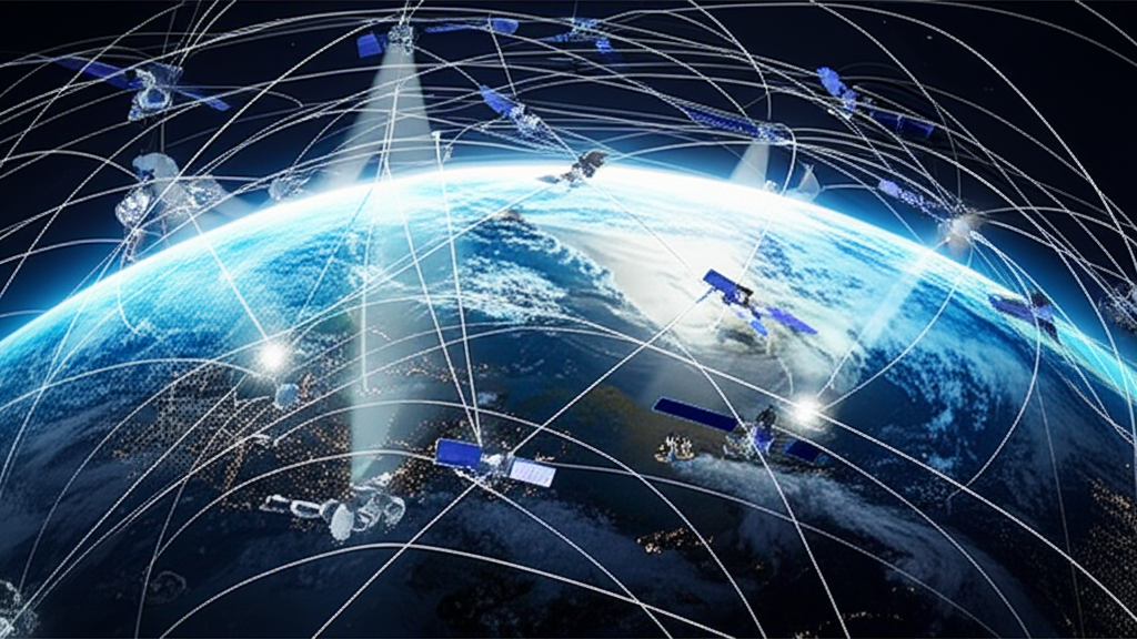 Illustration of a dense constellation of LEO satellites orbiting Earth, emitting beams of light connecting to ground stations, cities, and remote areas, symbolizing global broadband internet access and seamless communication, with a focus on connectivity, in a modern, clean illustration style.