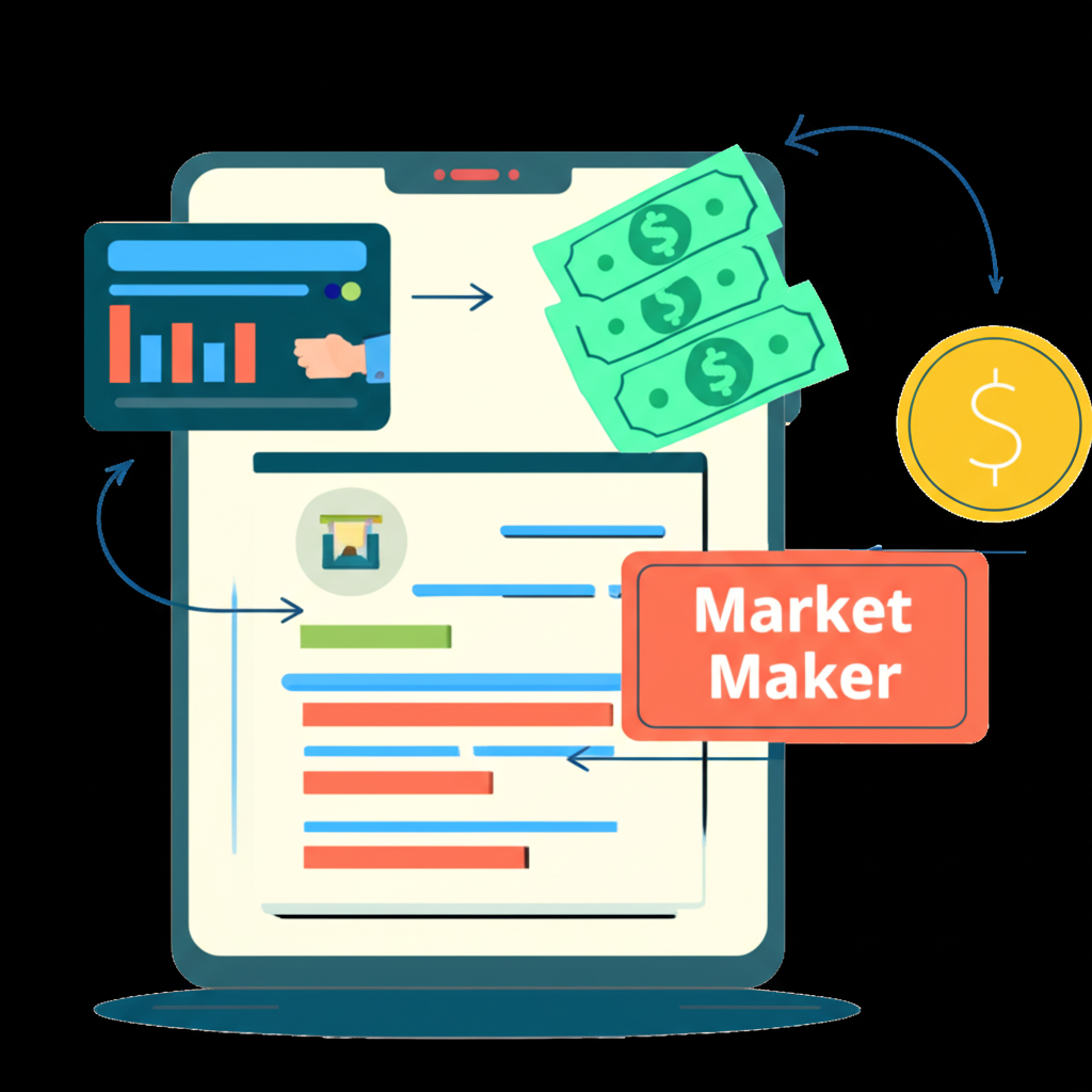 Illustration of a brokerage platform receiving payment from a market maker while directing customer trade orders, symbolizing the PFOF mechanism enabling zero-commission trading