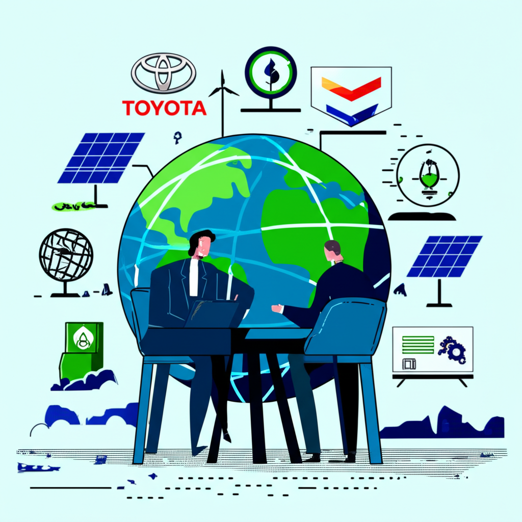 Illustration of Toyota and Chevron executives discussing a shared vision for a greener planet, surrounded by renewable energy symbols and a globe representing reduced carbon emissions