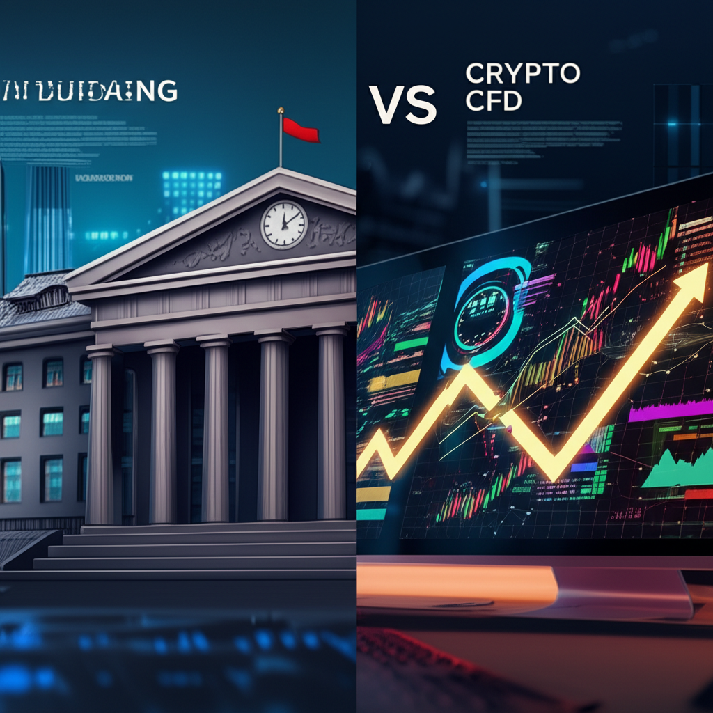 Contrast between traditional stock market and 24/7 crypto market, highlighting volatility, decentralization, and continuous movement