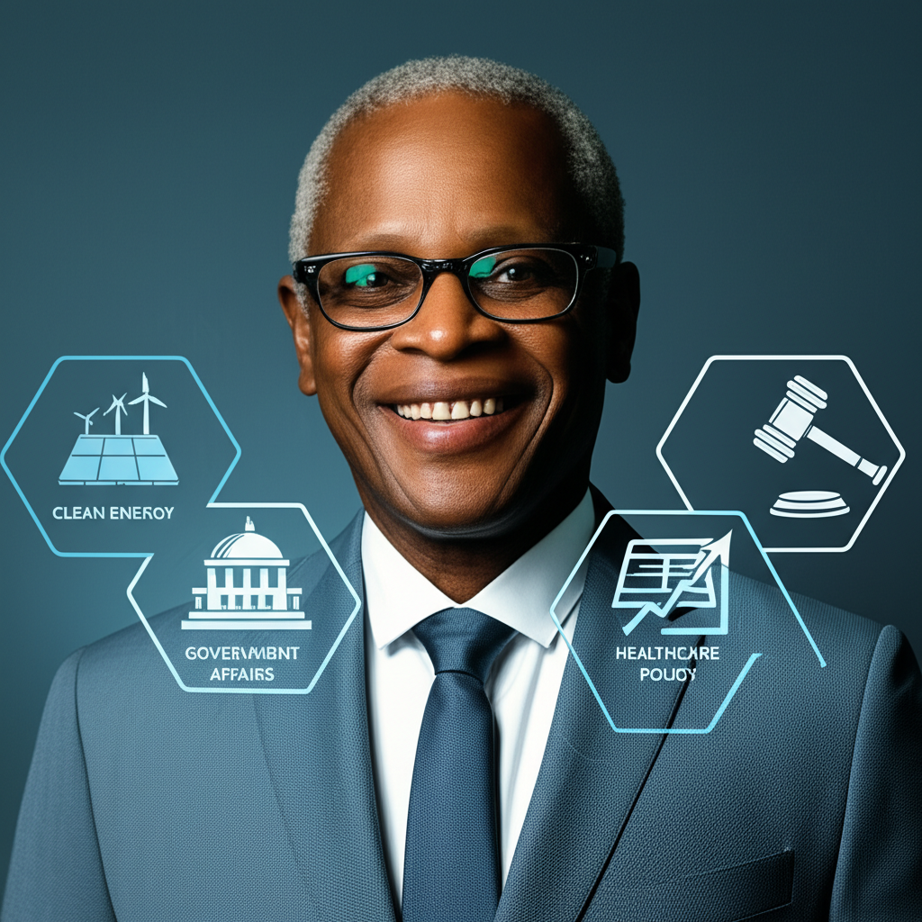 Illustration of Gaylon Morris as a distinguished business leader, with clean energy, government affairs, and healthcare policy symbols converging, showing growth and innovation