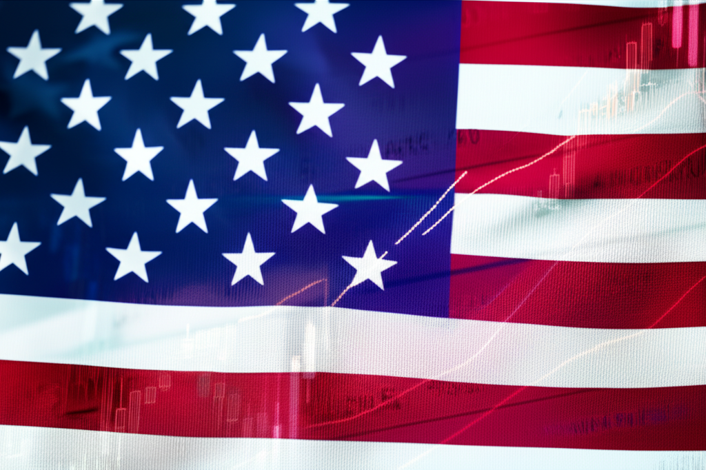 US flag on forex market chart