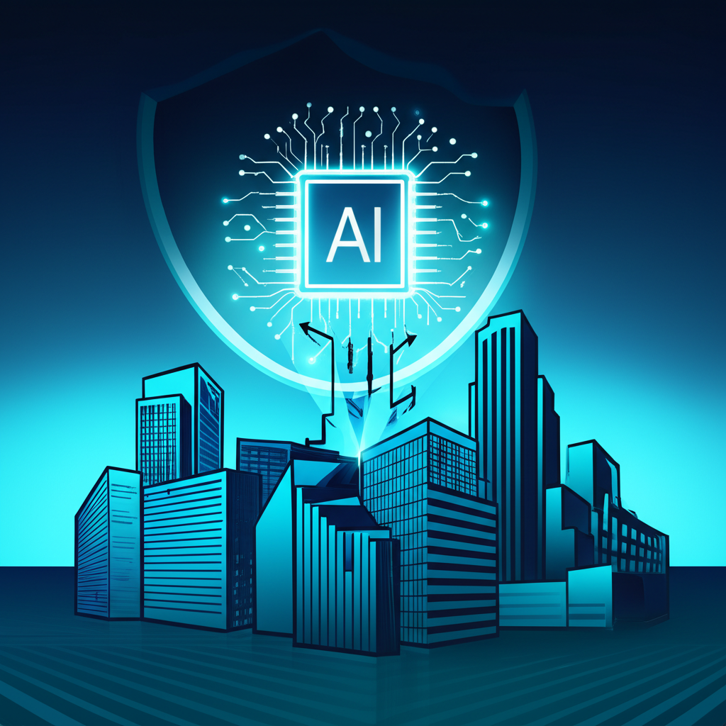 Illustration of glowing AI symbol cushioning financial structures, representing OpenAI stake mitigating Tiger Global's losses