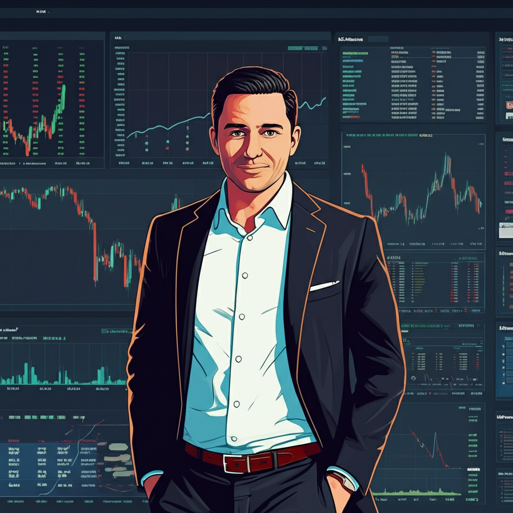 Illustration of Darius Dale standing confidently in front of a financial dashboard, symbolizing 42 Macro's role as a strategic compass for investors