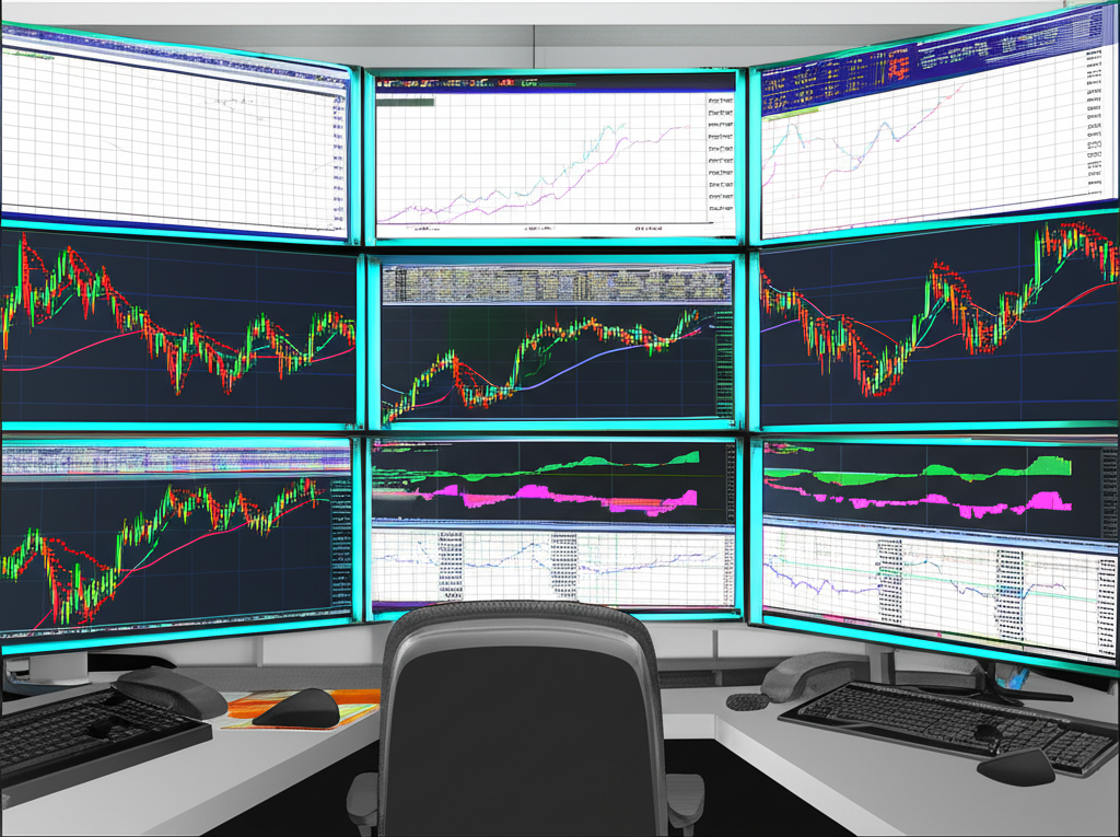 Illustration of a trading desk with multiple screens displaying technical analysis charts for DAX 30, including candlestick patterns and various indicators, emphasizing short-term prediction methodologies.