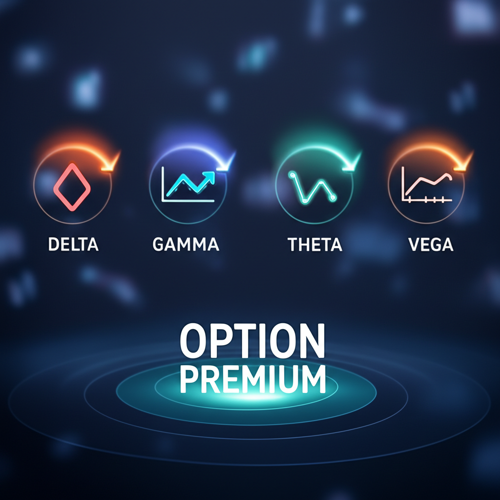 Visual breakdown of an option premium into five glowing components: Delta, Gamma, Theta, Vega, and Rho, each with a unique icon, symbolizing how Greeks empower strategic trading decisions