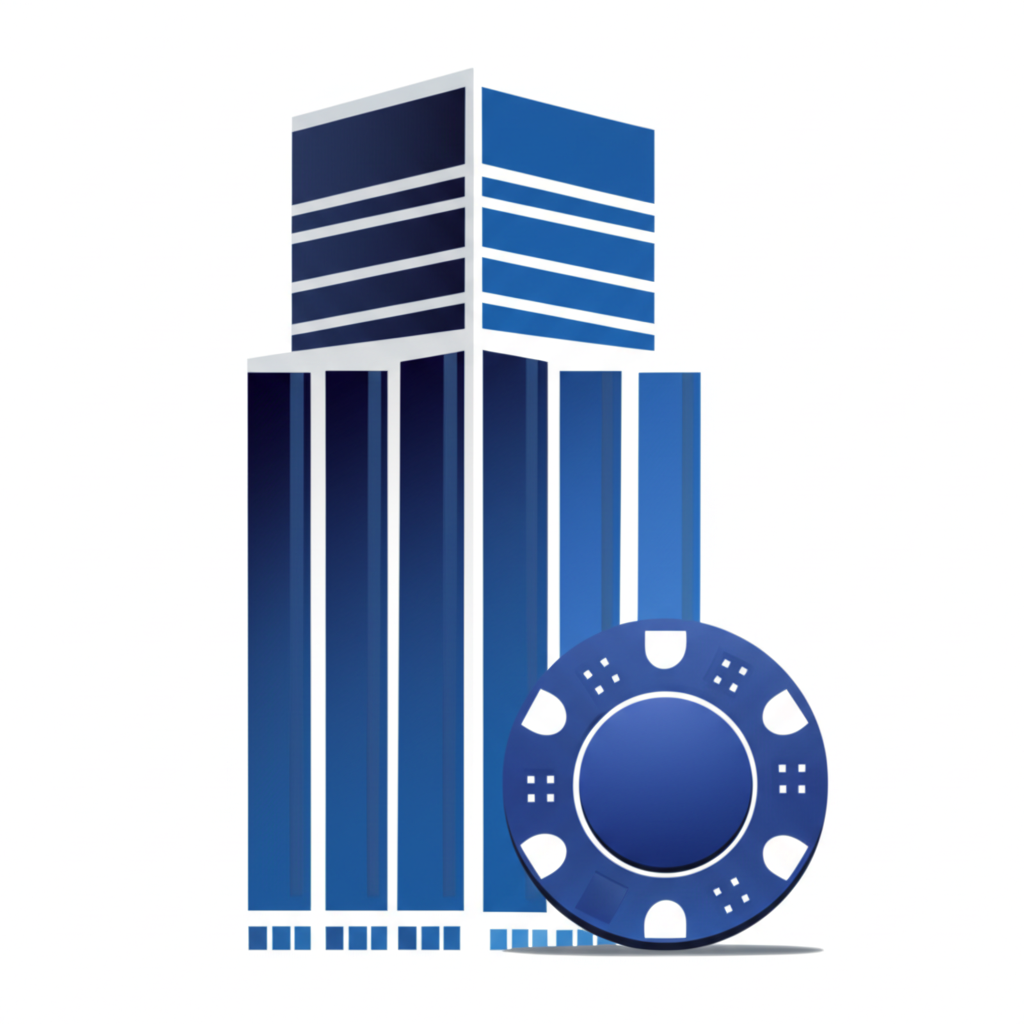 Illustration of a sturdy corporate building with a blue chip token, symbolizing market leadership and financial stability