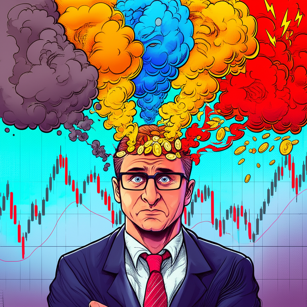 Illustration of emotional biases like fear and greed influencing a trader’s decisions