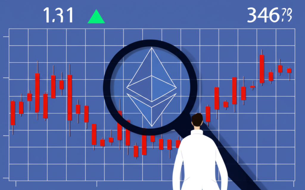 Illustration of a person analyzing Ethereum price charts with a magnifying glass, symbolizing speculation without owning actual crypto tokens