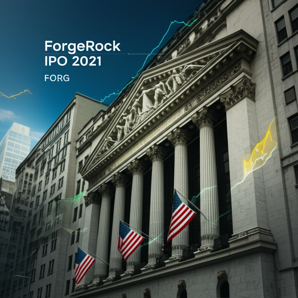 New York Stock Exchange building with timeline of ForgeRock's IPO in 2021 and fluctuating FORG stock chart