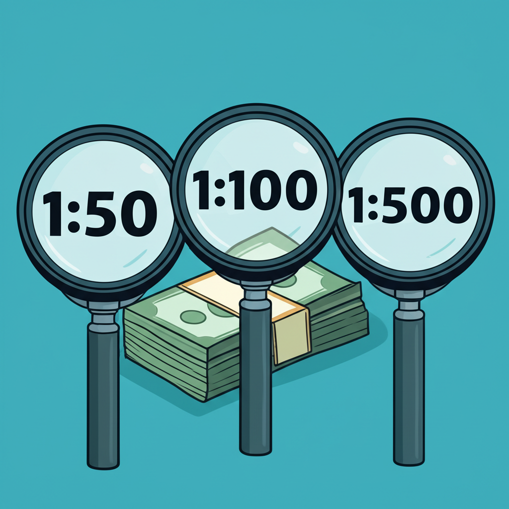 Infographic-style illustration showing magnifying glasses with leverage ratios 1:50, 1:100, 1:500 over a small stack of money, demonstrating how leverage magnifies capital
