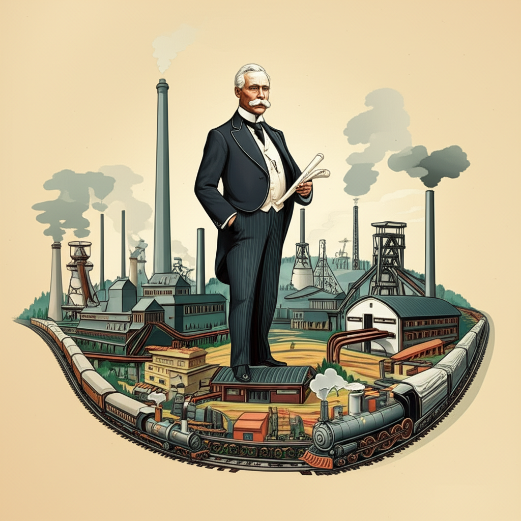 J.P. Morgan overseeing the merger of industrial elements symbolizing steel, rail, and energy