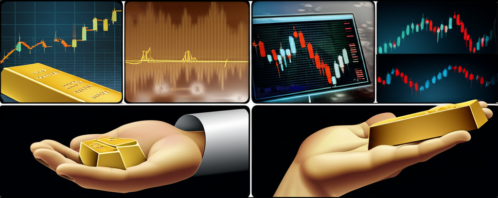 Illustration of different gold trading instruments: futures, CFDs, ETFs, and physical gold in a unified visual style