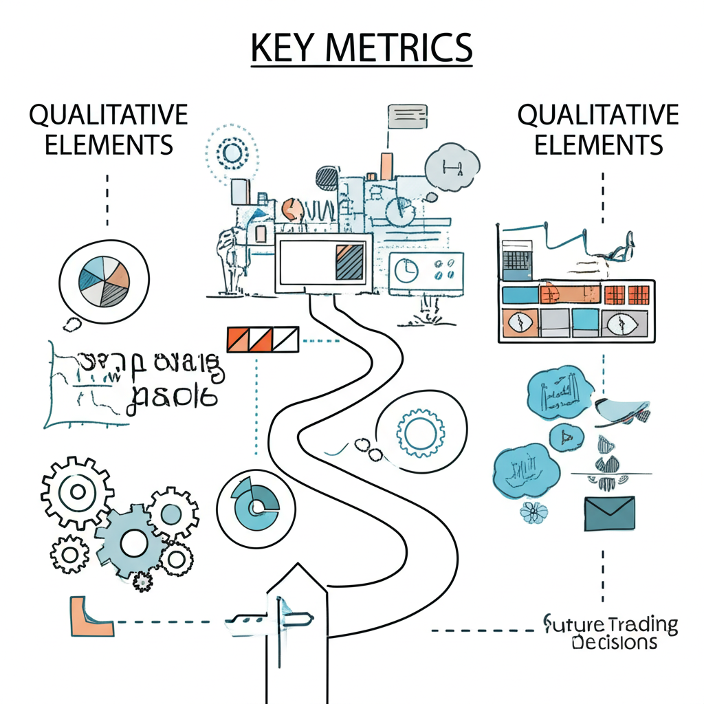 Illustration of a financial dashboard with charts, graphs, gears, and thought bubbles symbolizing key metrics and qualitative analysis for future trading decisions