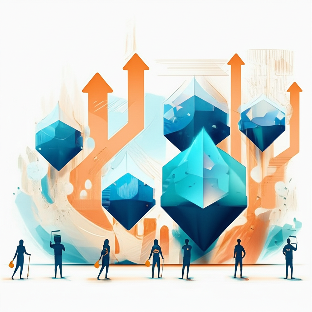 Illustration of a complex financial landscape with SPACs represented as dynamic, evolving entities, with investors cautiously observing market shifts and emerging regulatory clarity, highlighting the need for strategic navigation