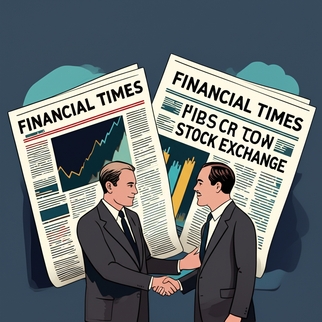Illustration depicting the historical moment of the 1984 joint venture between the Financial Times newspaper and the London Stock Exchange, forming the 'Financial Times Stock Exchange' (FTSE) to create a new UK market index