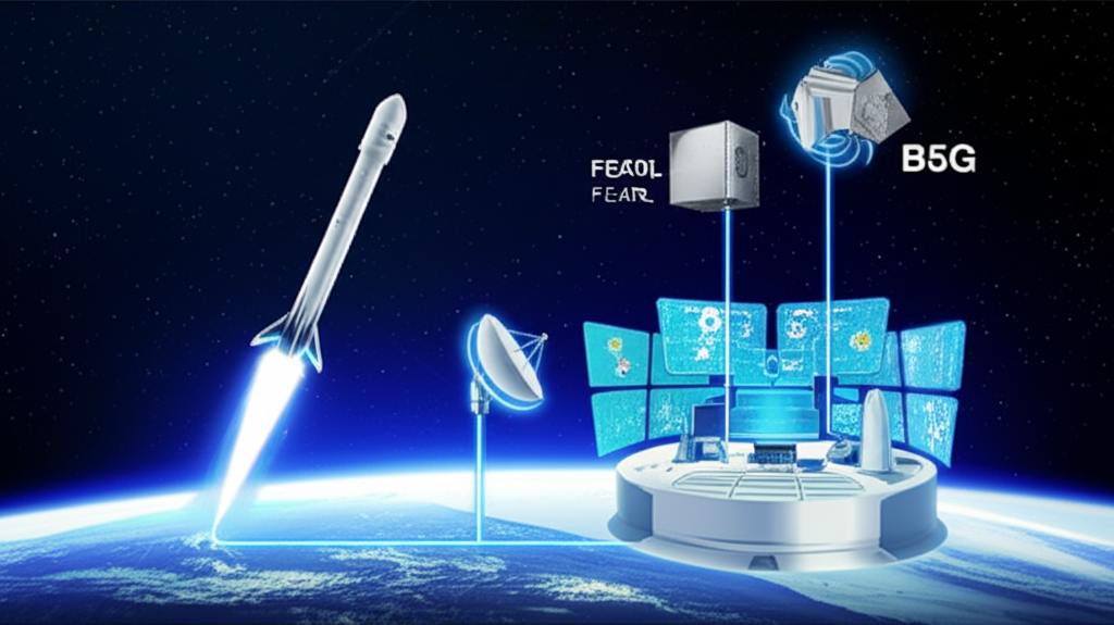 Illustration of a SpaceX Falcon 9 launching Foxconn's PEARL and B5G satellites with data links to a futuristic ground station