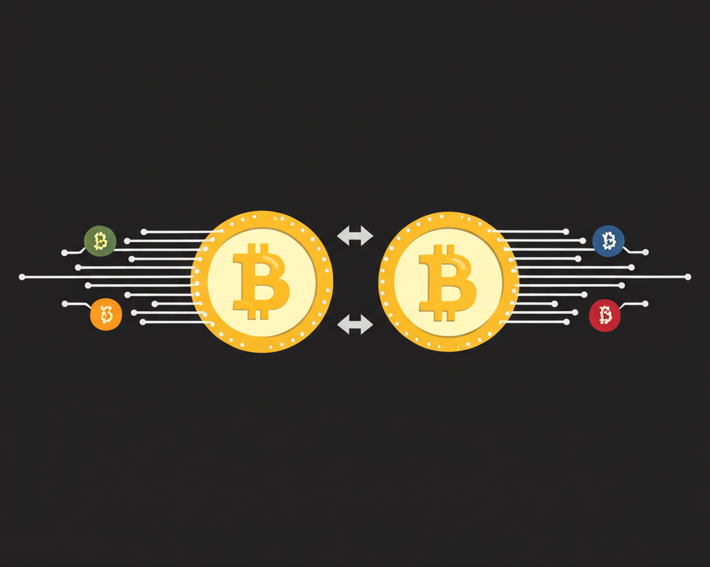 Illustration of Bitcoin Cash emerging from a Bitcoin fork, showing faster transactions and lower fees, highlighting its role as peer-to-peer electronic cash