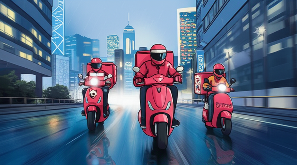 Illustration of a vibrant Hong Kong skyline with food delivery riders on scooters, one rider with a KeeTa logo aggressively overtaking two others with Foodpanda and Deliveroo logos, symbolizing market disruption. Dynamic, modern style.