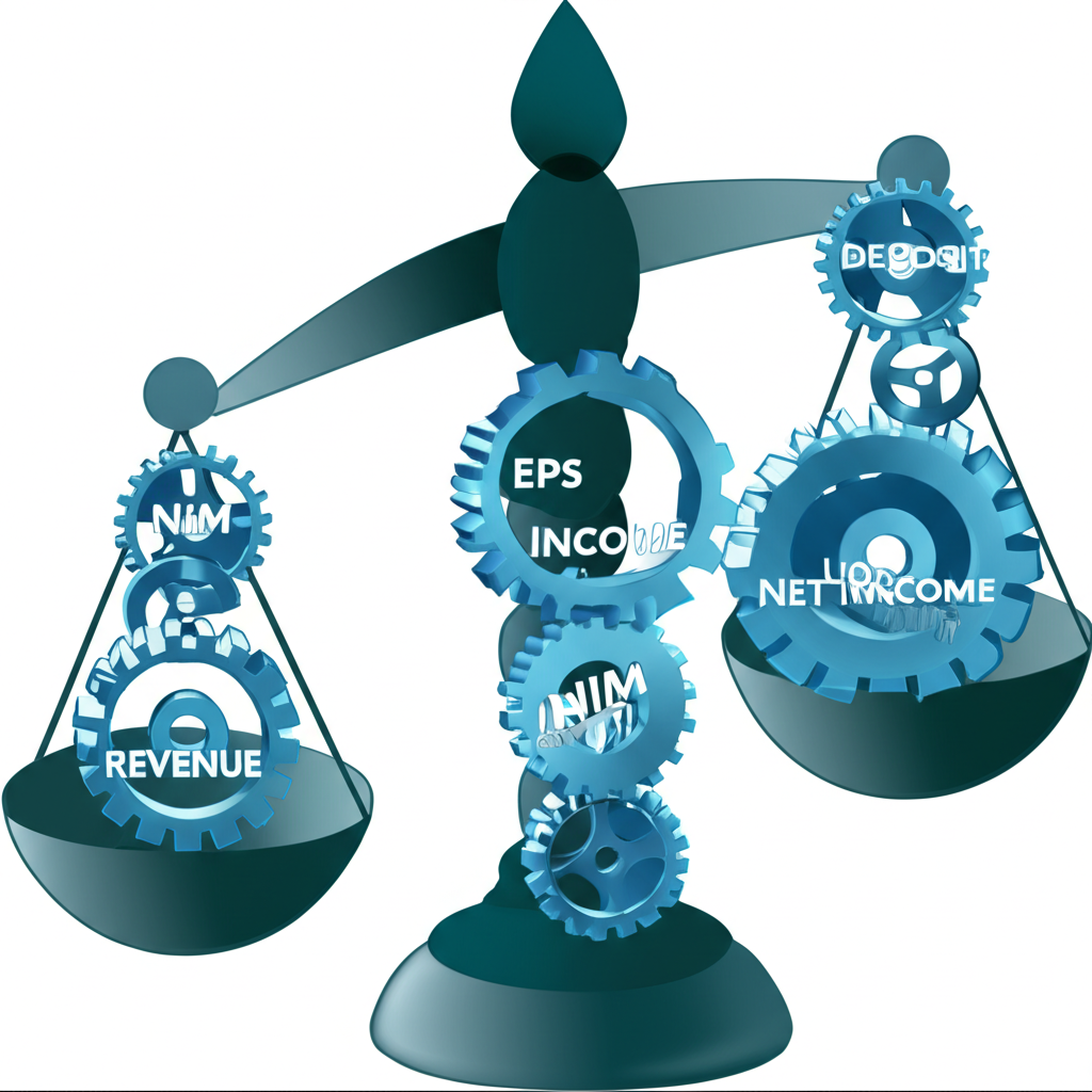 Visual representation of financial metrics like revenue, EPS, NIM, and loan growth as interconnected gears, illustrating mixed banking performance