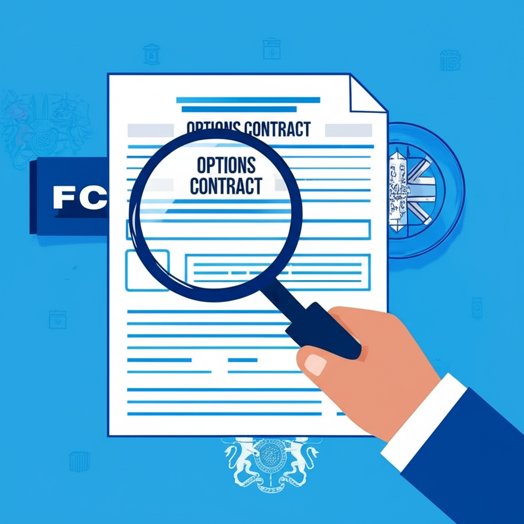 A person examining an options contract with a magnifying glass, FCA symbols subtly present in the background, representing understanding regulation and fundamentals