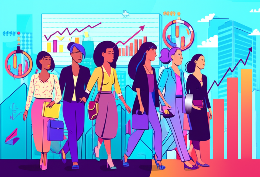 Diverse women confidently navigating a dynamic financial cityscape, breaking glass ceilings, with charts and graphs, inspiring a new generation