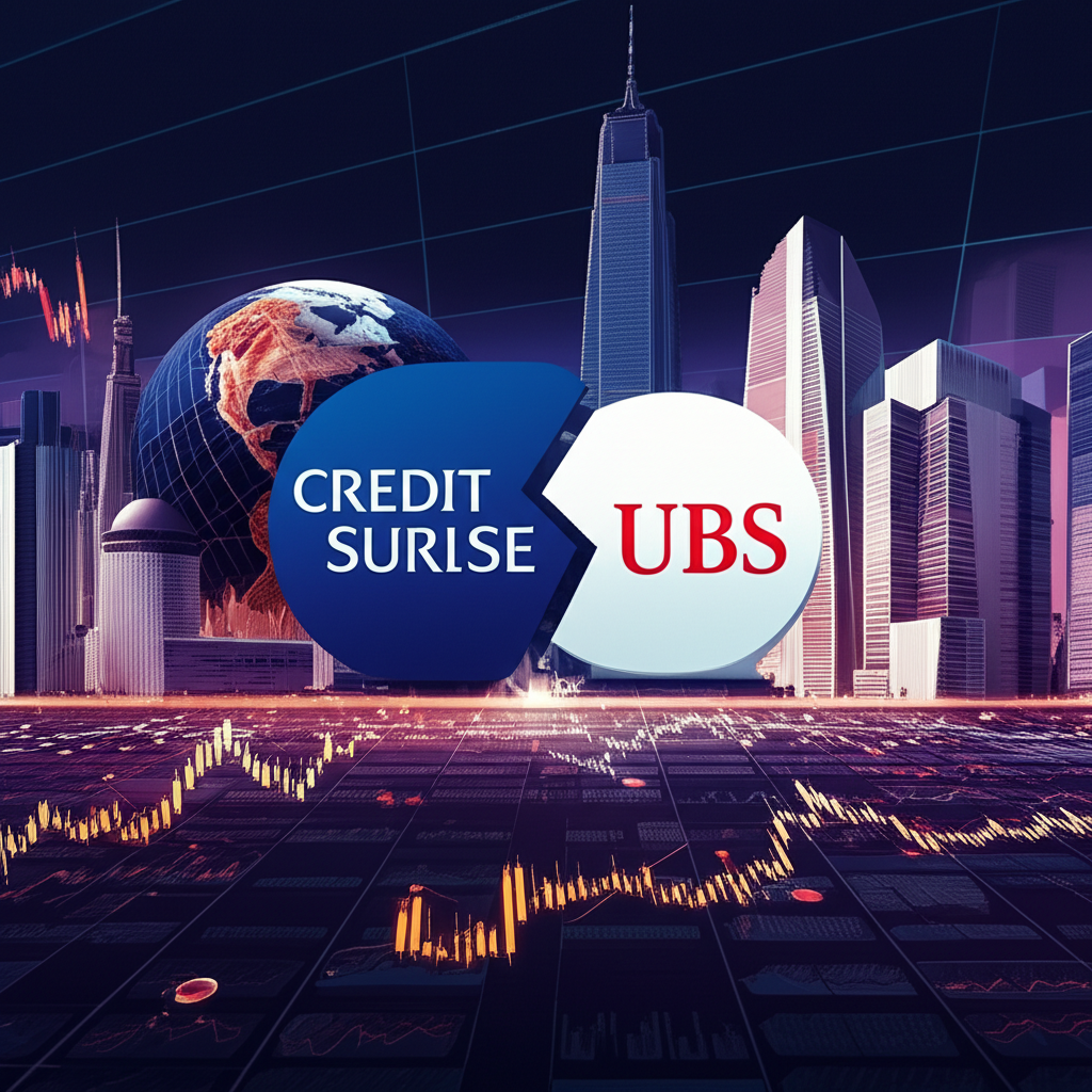 Illustration of Credit Suisse and UBS logos merging over a complex financial landscape with data charts and global city skylines, symbolizing a significant shift in banking