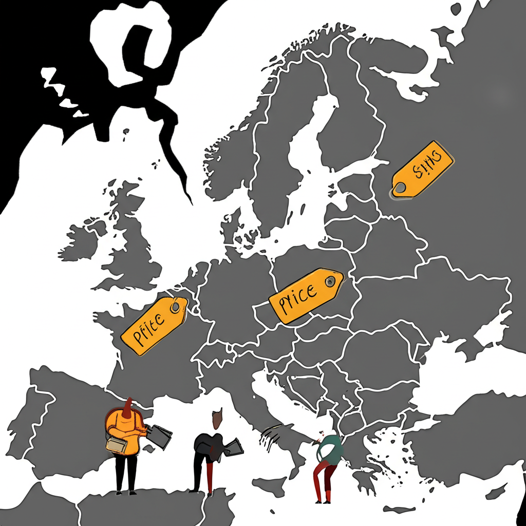 Illustration of a dark shadow looming over a map of Europe, symbolizing economic uncertainty and rising living costs