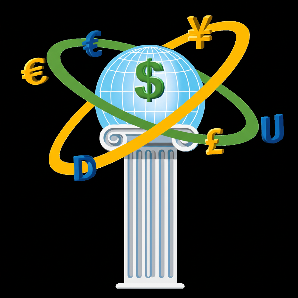US Dollar as a central pillar with Euro, Yen, and Pound orbiting symbolizing major pairs